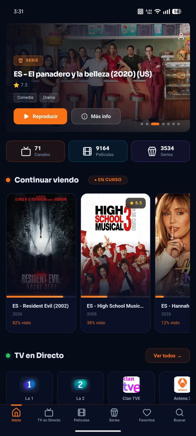 Pantalla de inicio de KiraTV en Android, con catálogo, continuar viendo y TV en directo